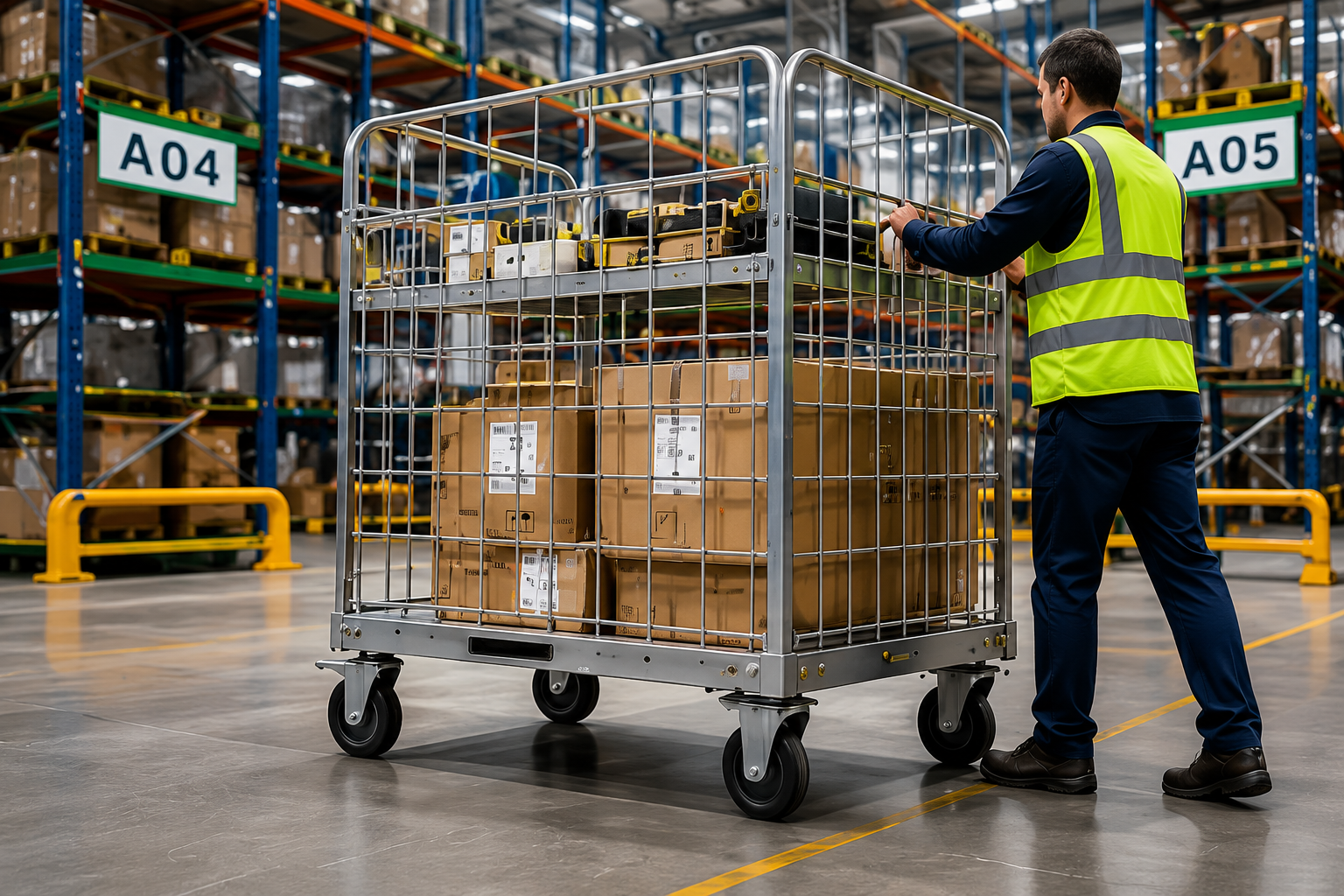 Warehouse worker moving a material handling cart on industrial caster wheels