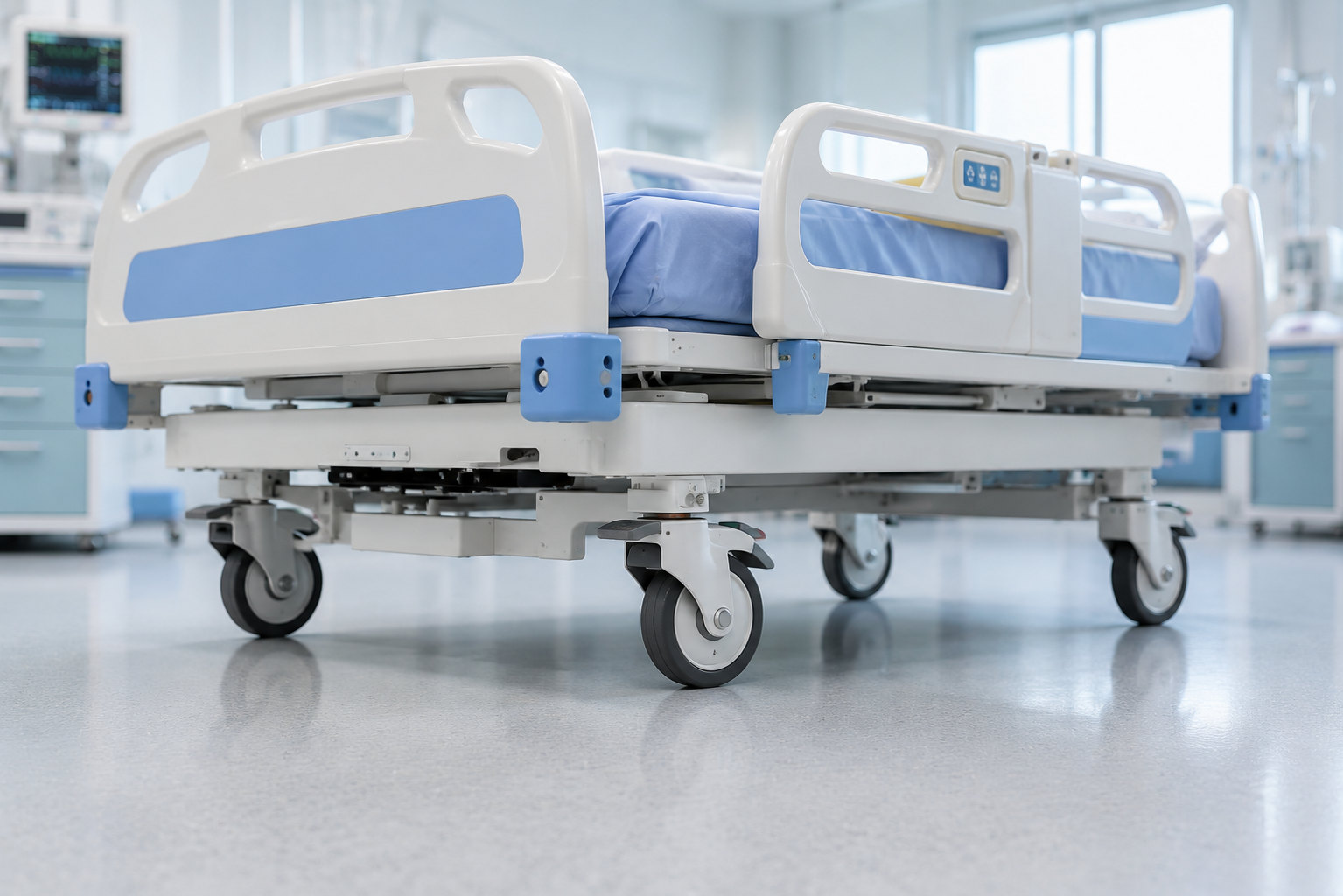 Hospital bed fitted with quiet medical caster wheels