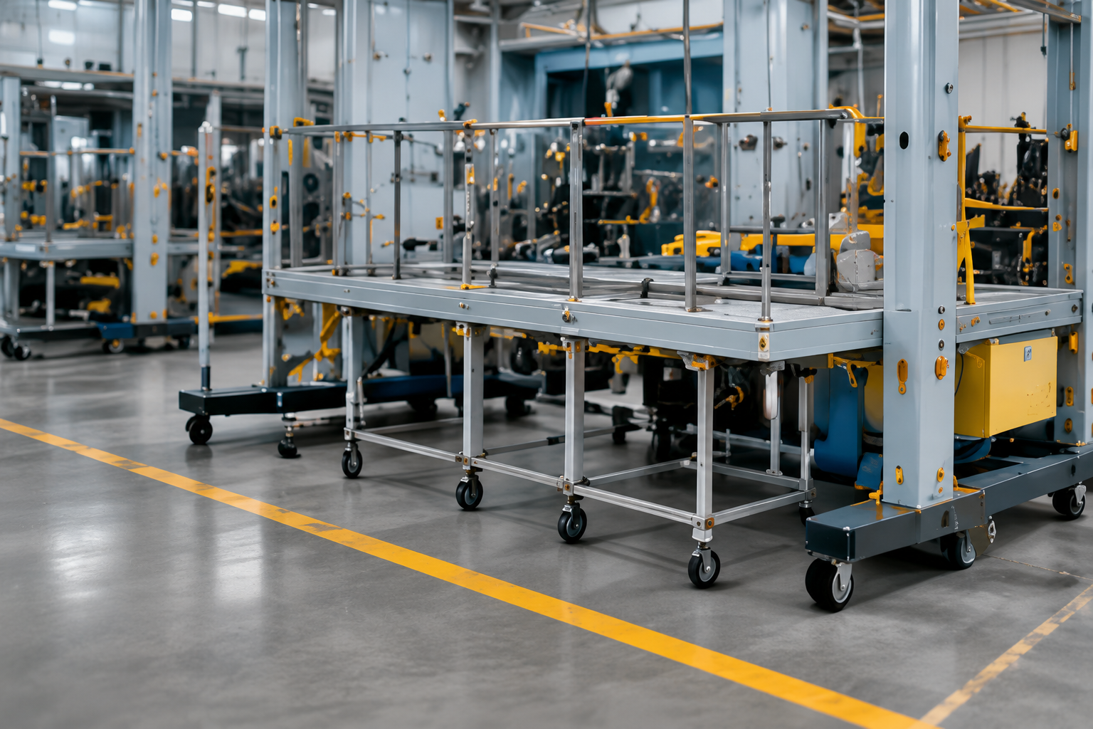 Industrial manufacturing equipment supported by heavy-duty casters
