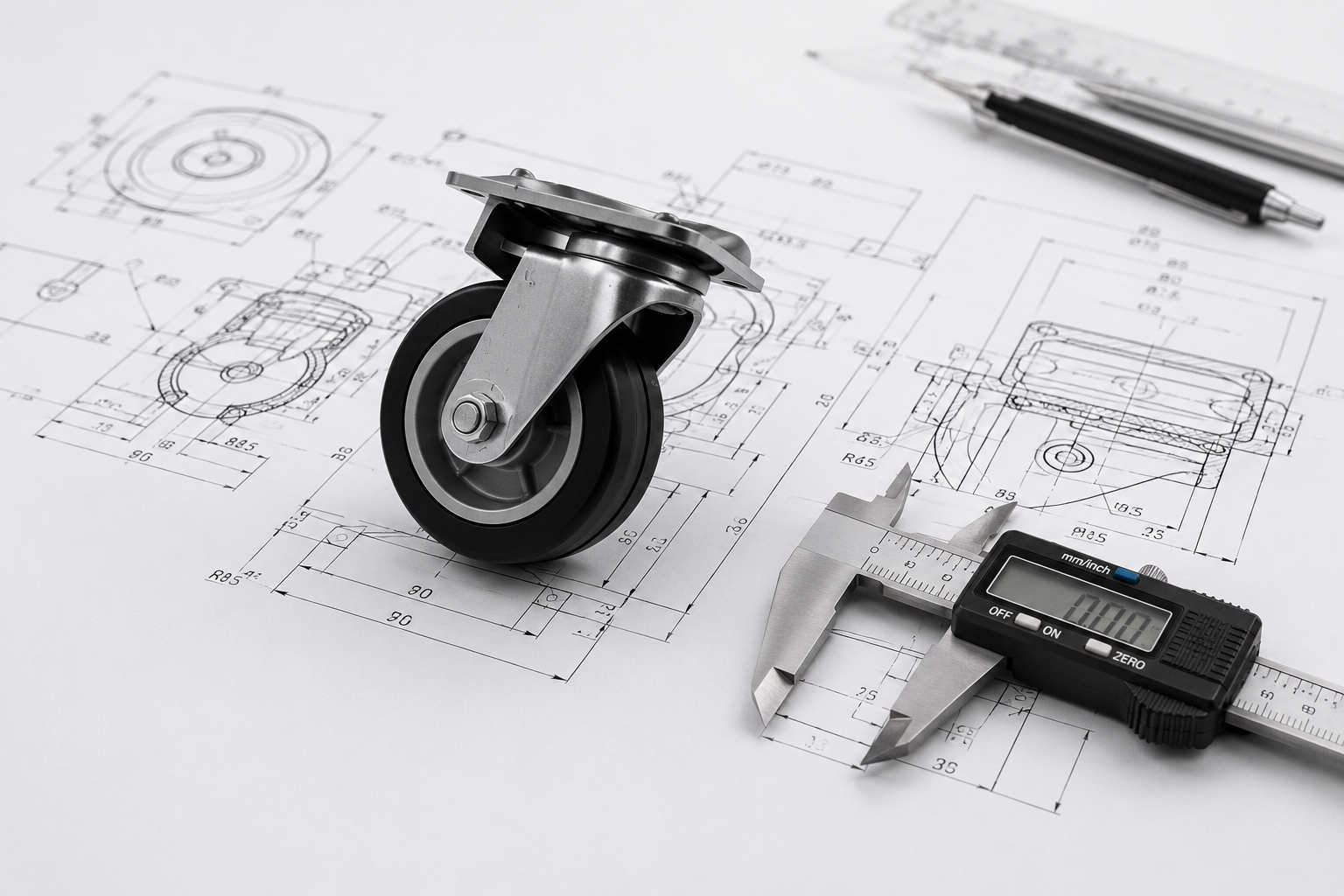 Custom caster wheel design with technical drawings and measuring tools
